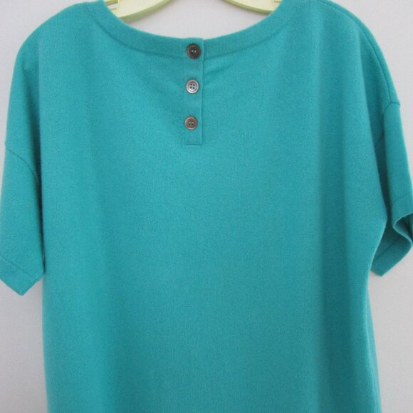 CASHMERE Knit Sweater Pullover Short Sleeve Oversized Boxy Teal Blue - Picture 8 of 8